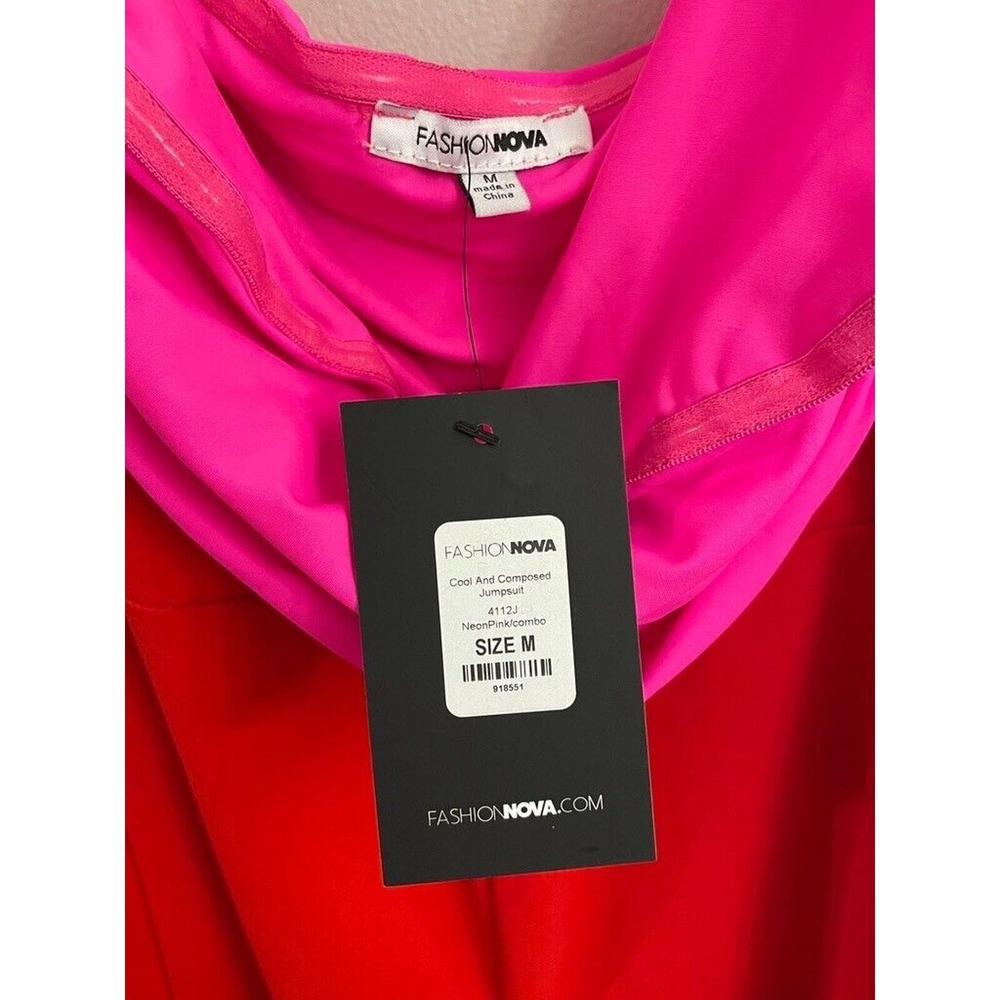 Fashion Nova Cool and Composed Jumsuit Red/Neon Pink Medium Flare Pant Club - Picture 6 of 10